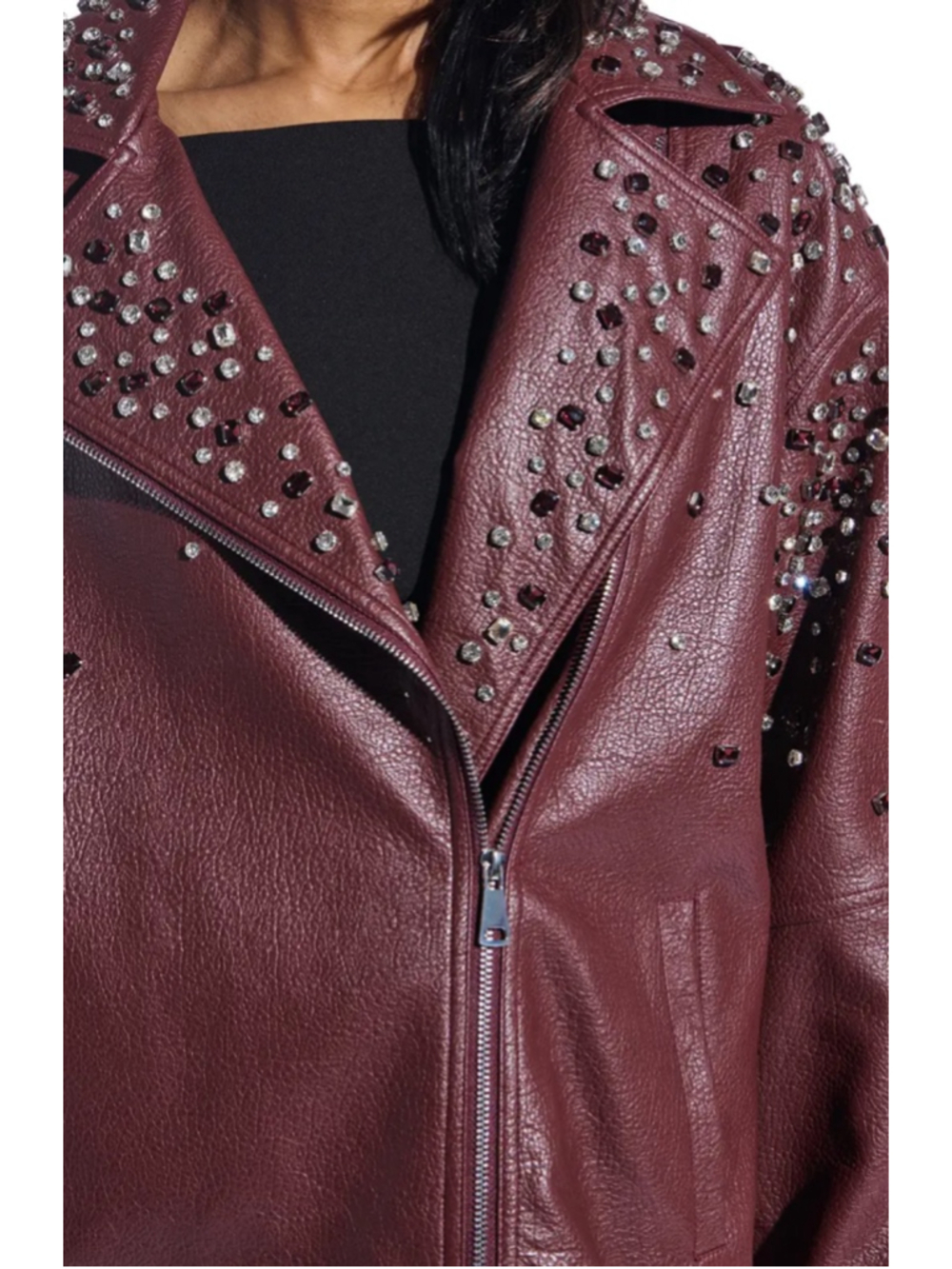 Azalea Wang Catrine Burgundy Rhinestone Oversized Jacket M Burgundy Embellished - Picture 2 of 8